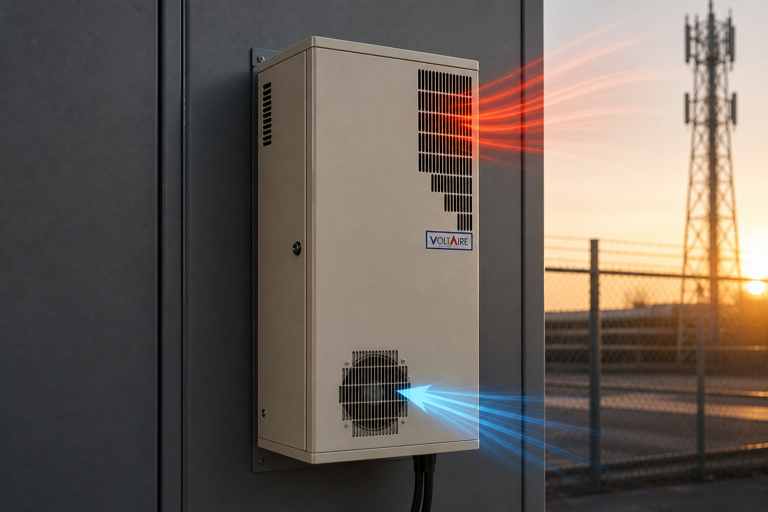 VoltAire 48VDC heat exchanger installed on an outdoor cabinet, integrated directly with the −48V plant power — no inverter required
